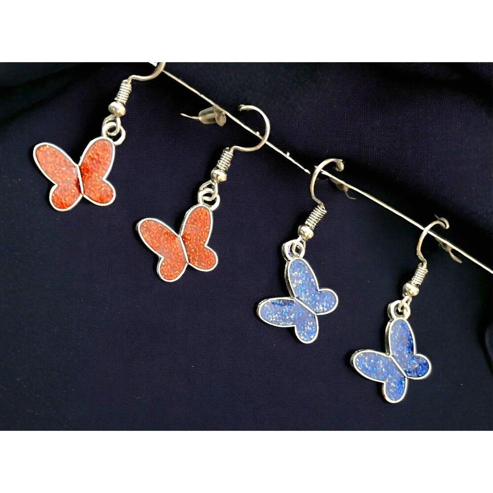 Two Pairs of Silver Glittery Red & Blue BUTTERFLIES Dangle Drop Hook Earrings